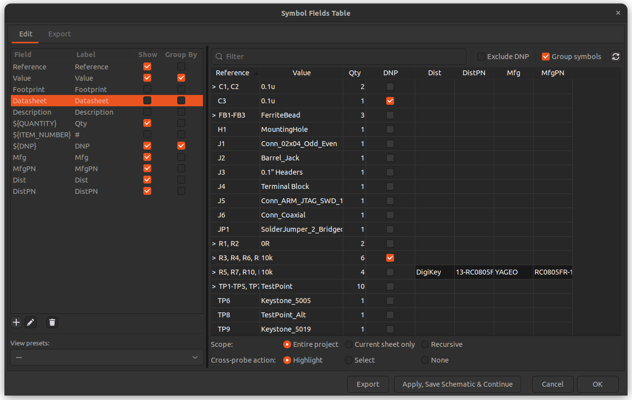 Symbol Fields Table